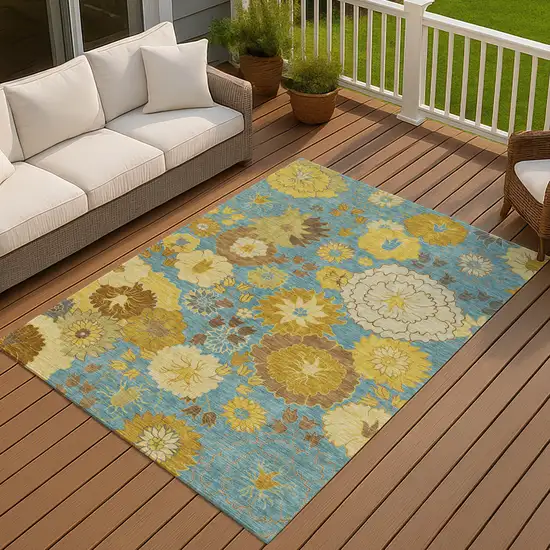 Aqua Gold And Beige Floral Washable Indoor Outdoor Area Rug Photo 8