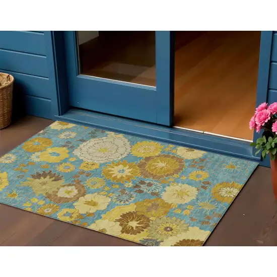 Aqua Gold And Beige Floral Washable Indoor Outdoor Area Rug Photo 1