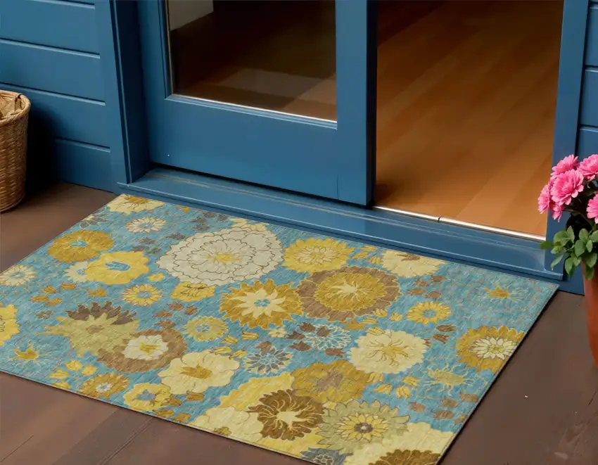 Aqua Gold And Beige Floral Washable Indoor Outdoor Area Rug Photo 1