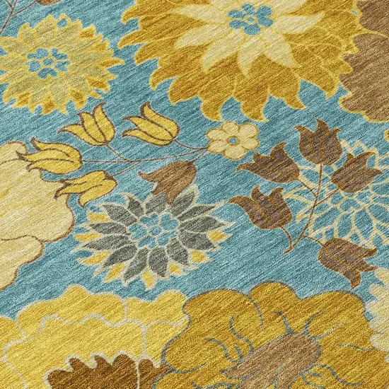 Aqua Gold And Beige Floral Washable Indoor Outdoor Area Rug Photo 8