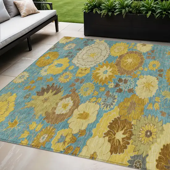 Aqua Gold And Beige Floral Washable Indoor Outdoor Area Rug Photo 1