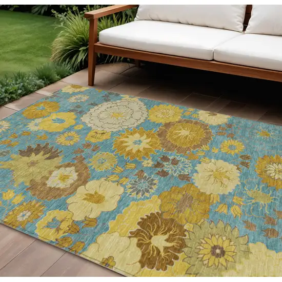 Aqua Gold And Beige Floral Washable Indoor Outdoor Area Rug Photo 1