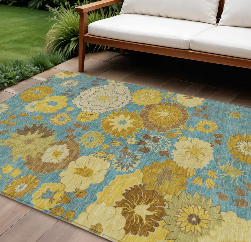 Aqua Gold And Beige Floral Washable Indoor Outdoor Area Rug Photo 1