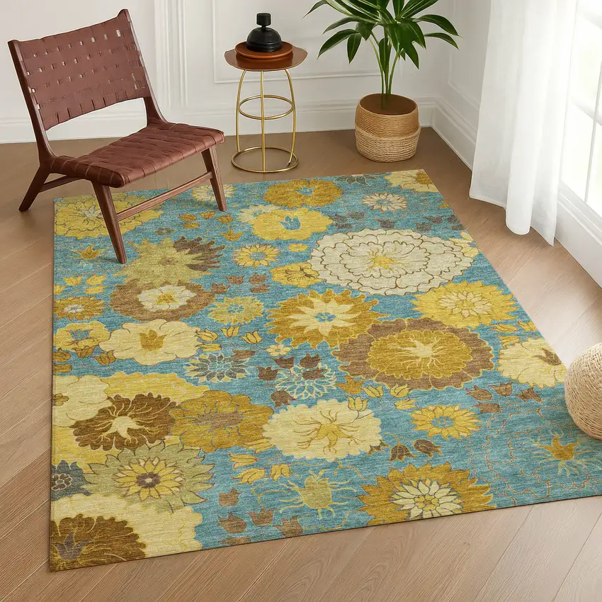 Aqua Gold And Beige Floral Washable Indoor Outdoor Area Rug Photo 9