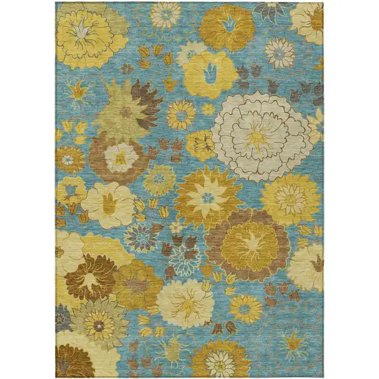 Aqua Gold And Beige Floral Washable Indoor Outdoor Area Rug Photo 2