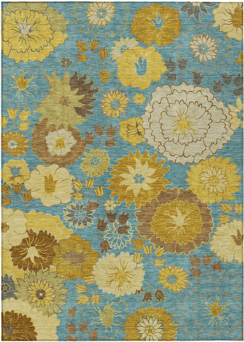 Aqua Gold And Beige Floral Washable Indoor Outdoor Area Rug Photo 2