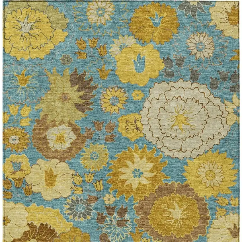 Aqua Gold And Beige Floral Washable Indoor Outdoor Area Rug Photo 4