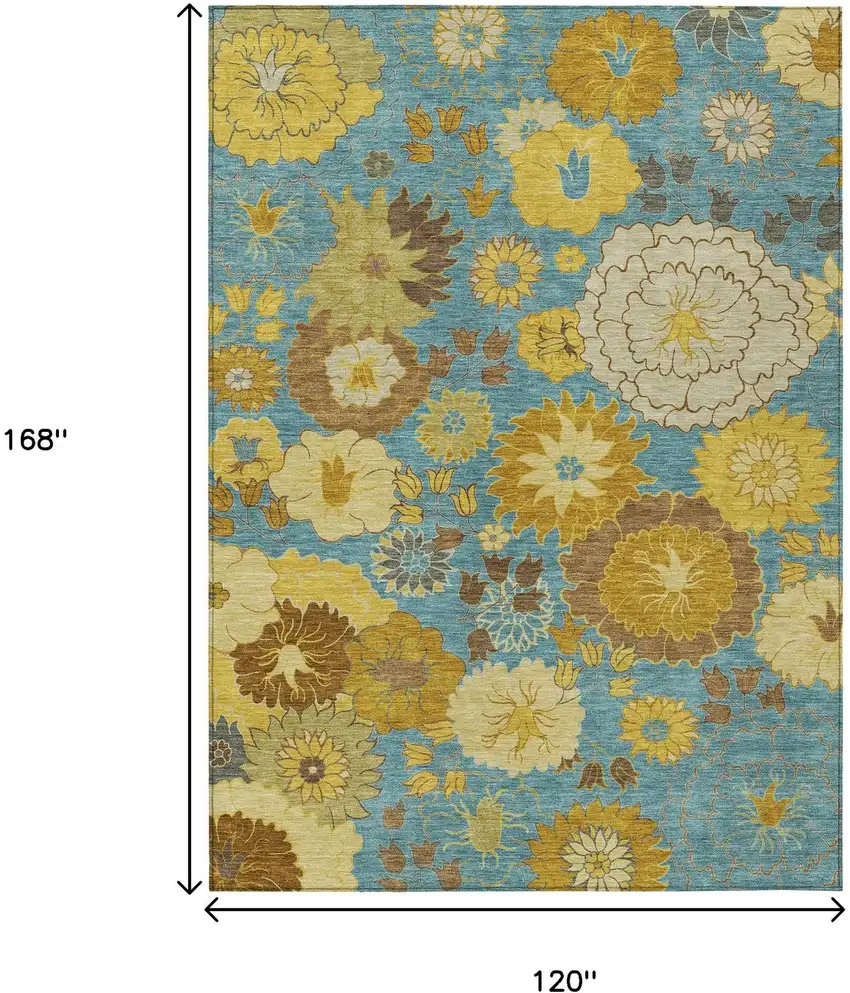 Aqua Gold And Beige Floral Washable Indoor Outdoor Area Rug Photo 3