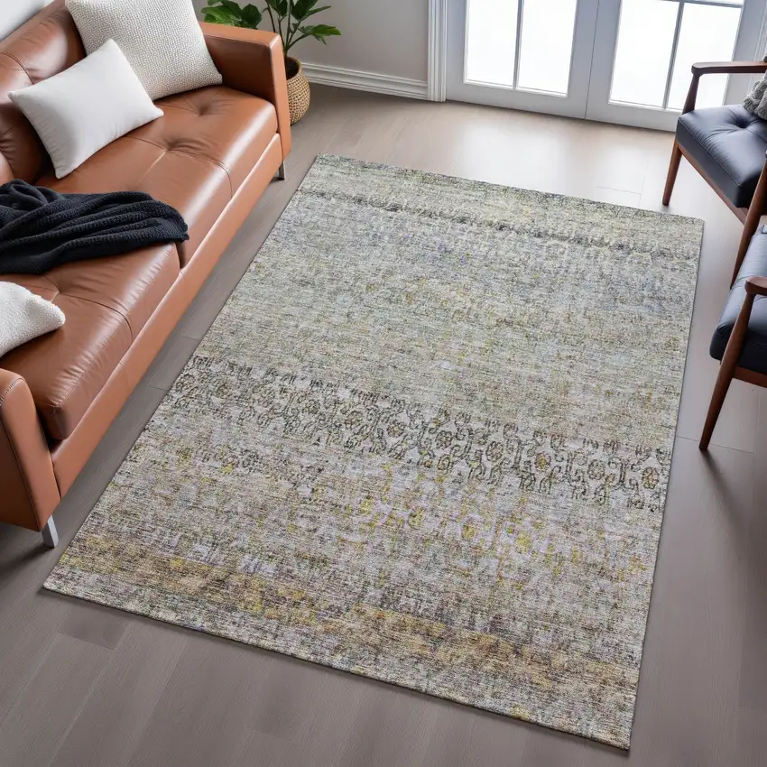 Aqua Gold And Gray Abstract Washable Area Rug With UV Protection Photo 5