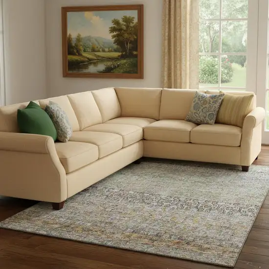 Aqua Gold And Gray Abstract Washable Area Rug With UV Protection Photo 2