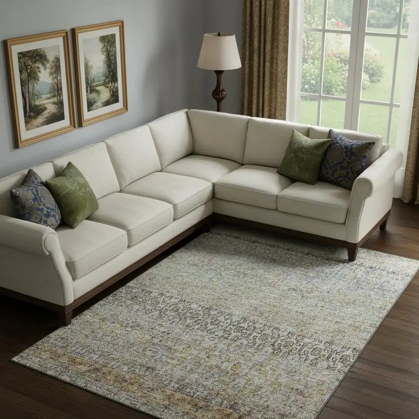 Aqua Gold And Gray Abstract Washable Area Rug With UV Protection Photo 2