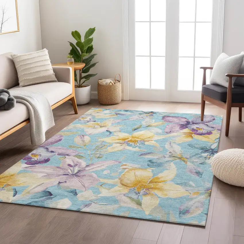 Aqua Gold And Lavender Floral Washable Indoor Outdoor Area Rug Photo 9