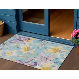 Photo of Aqua Gold And Lavender Floral Washable Indoor Outdoor Area Rug