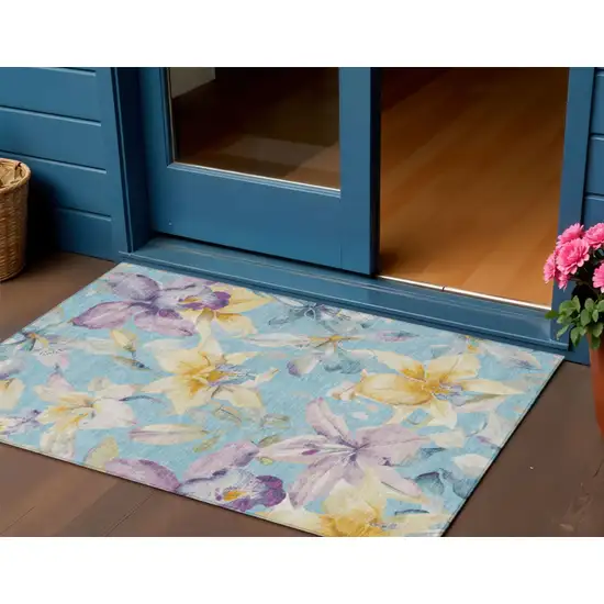 Aqua Gold And Lavender Floral Washable Indoor Outdoor Area Rug Photo 1