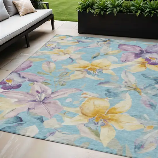 Aqua Gold And Lavender Floral Washable Indoor Outdoor Area Rug Photo 1