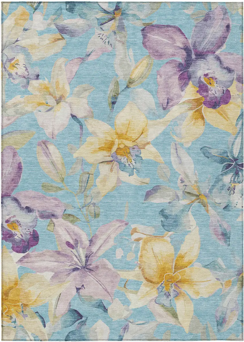 Aqua Gold And Lavender Floral Washable Indoor Outdoor Area Rug Photo 2