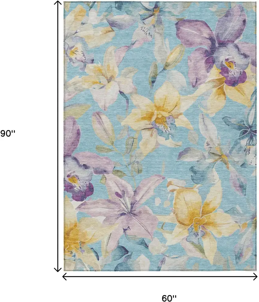 Aqua Gold And Lavender Floral Washable Indoor Outdoor Area Rug Photo 3