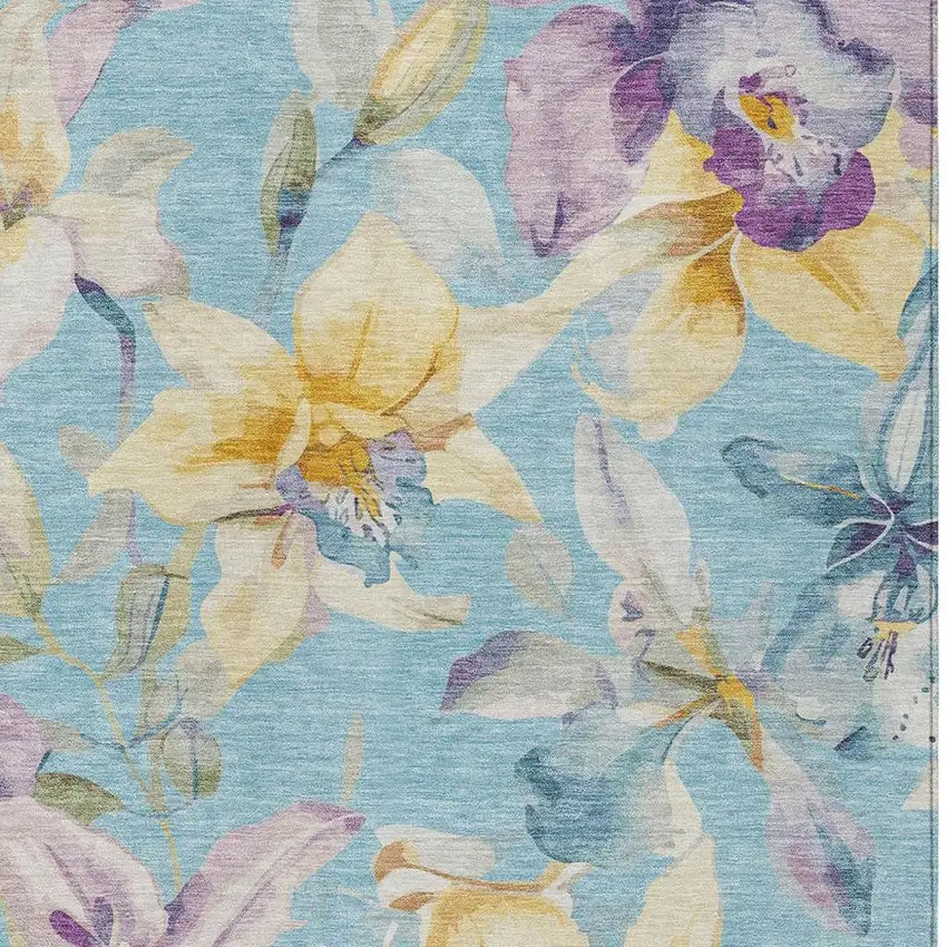 Aqua Gold And Lavender Floral Washable Indoor Outdoor Area Rug Photo 4