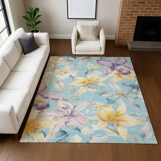 Aqua Gold And Lavender Floral Washable Indoor Outdoor Area Rug Photo 9