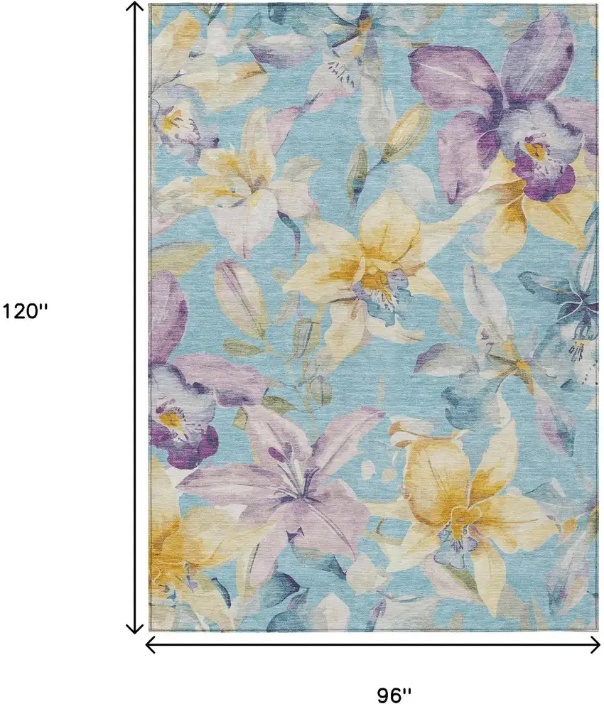 Aqua Gold And Lavender Floral Washable Indoor Outdoor Area Rug Photo 3