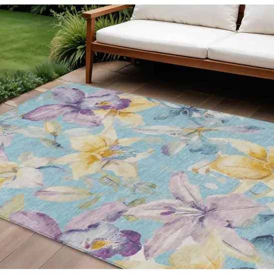 Aqua Gold And Lavender Floral Washable Indoor Outdoor Area Rug Photo 1