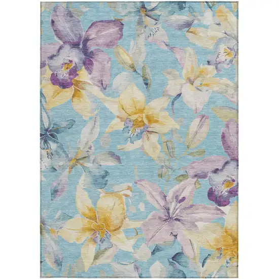 Aqua Gold And Lavender Floral Washable Indoor Outdoor Area Rug Photo 4