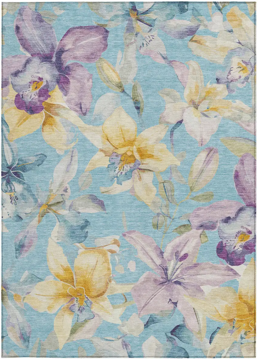 Aqua Gold And Lavender Floral Washable Indoor Outdoor Area Rug Photo 4