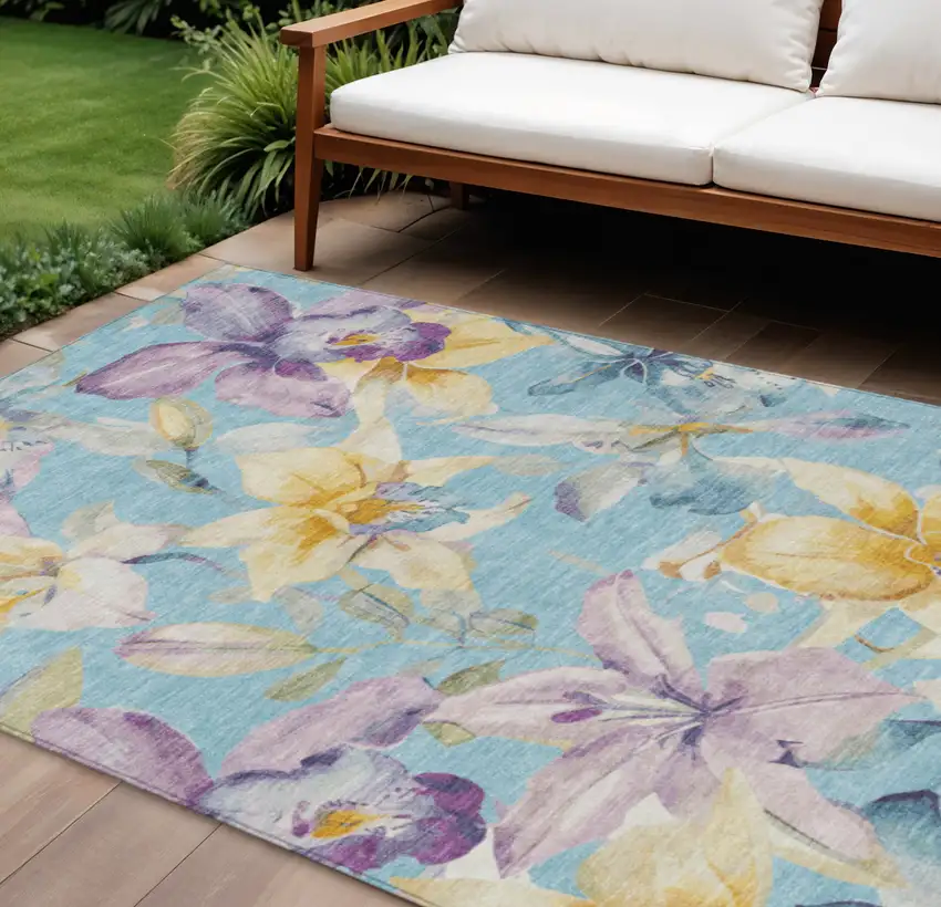 Aqua Gold And Lavender Floral Washable Indoor Outdoor Area Rug Photo 1