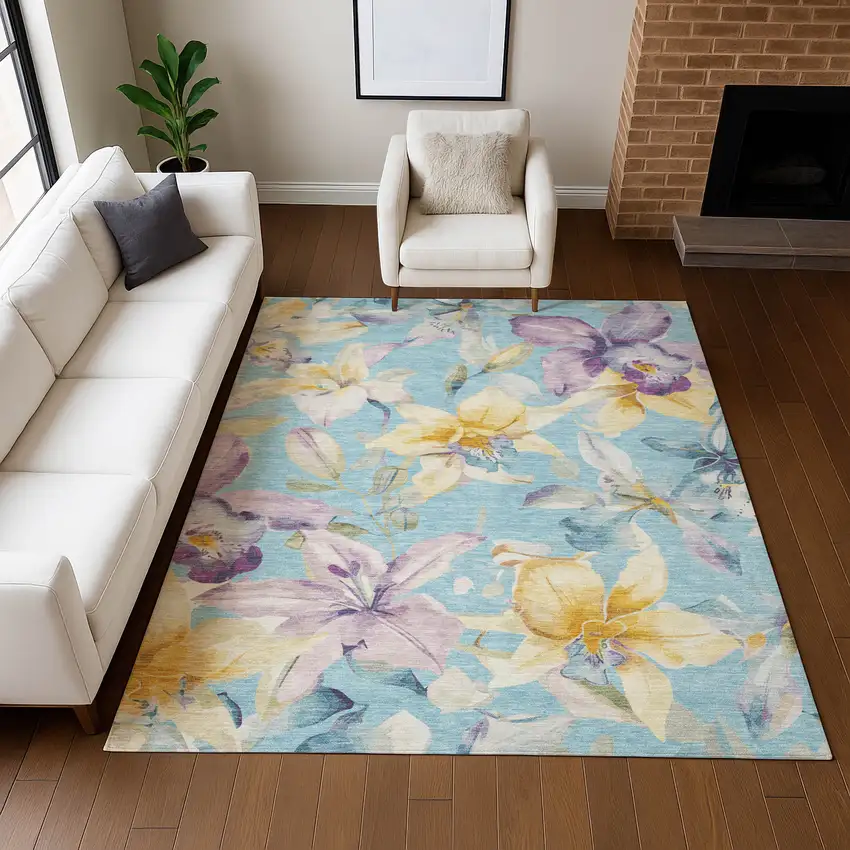 Aqua Gold And Lavender Floral Washable Indoor Outdoor Area Rug Photo 8