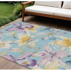 Photo of Aqua Gold And Lavender Floral Washable Indoor Outdoor Area Rug