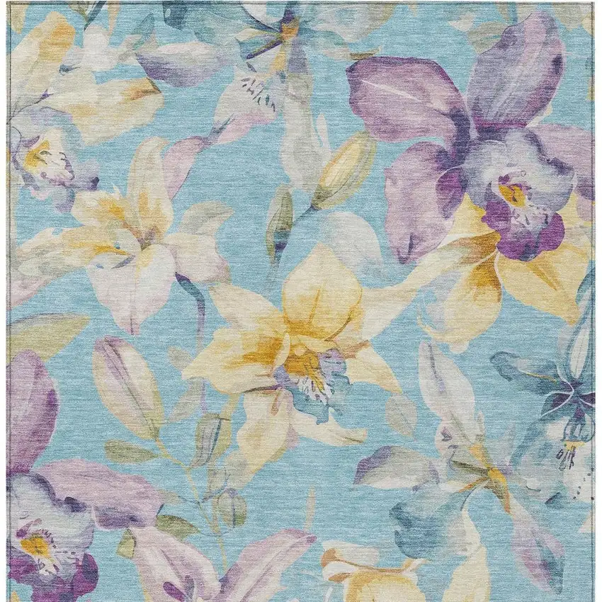 Aqua Gold And Lavender Floral Washable Indoor Outdoor Area Rug Photo 4