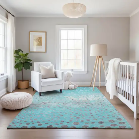 Aqua Gray And Ivory Polka Dot Washable Area Rug With UV Protection Photo 5
