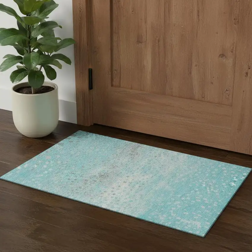 Aqua Gray And Ivory Polka Dot Washable Area Rug With UV Protection Photo 1