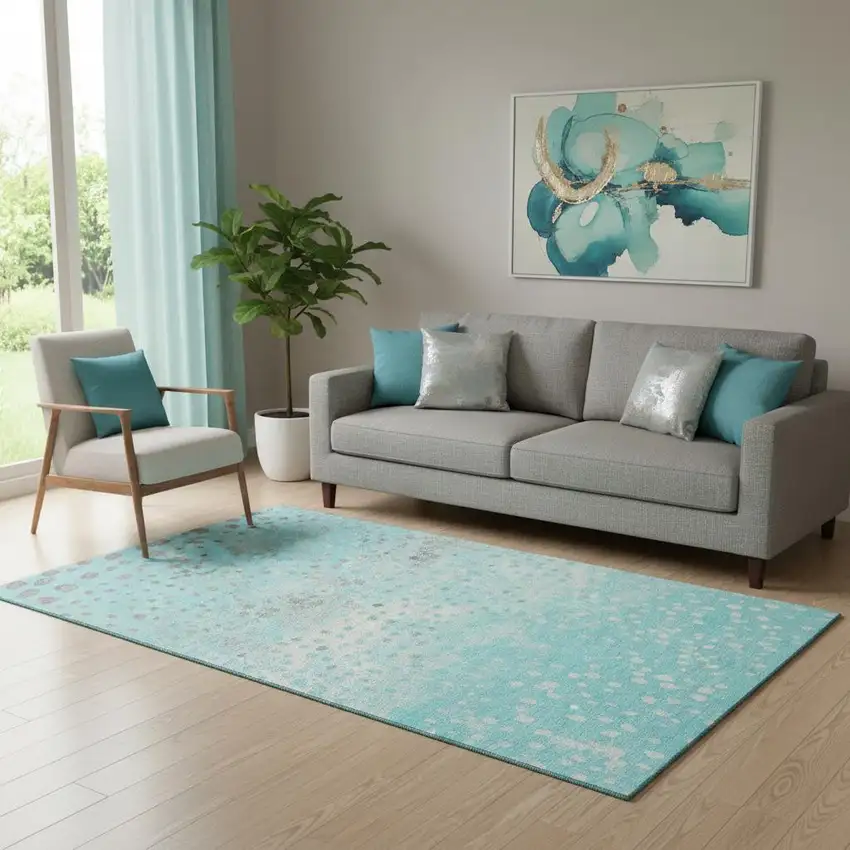 Aqua Gray And Ivory Polka Dot Washable Area Rug With UV Protection Photo 2