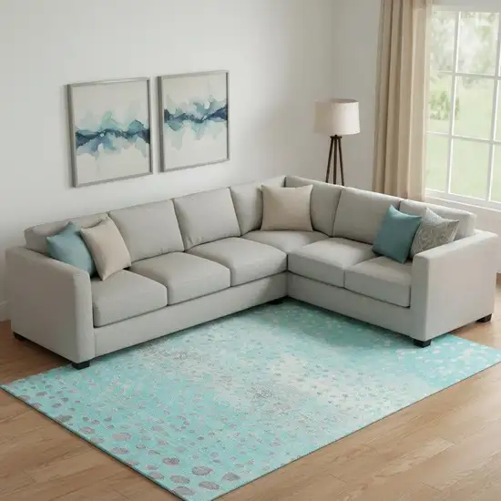 Aqua Gray And Ivory Polka Dot Washable Area Rug With UV Protection Photo 2