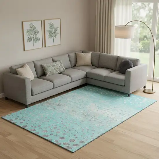 Aqua Gray And Ivory Polka Dot Washable Area Rug With UV Protection Photo 2