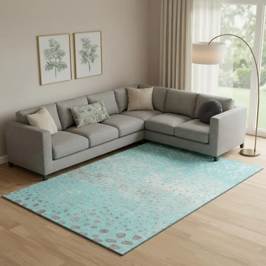 Aqua Gray And Ivory Polka Dot Washable Area Rug With UV Protection Photo 2