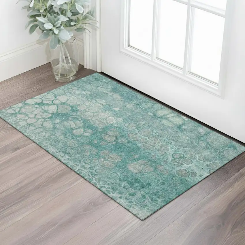 Aqua Gray And Silver Abstract Washable Area Rug With UV Protection Photo 2