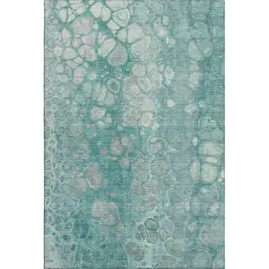 Photo of Aqua Gray And Silver Abstract Washable Area Rug With UV Protection