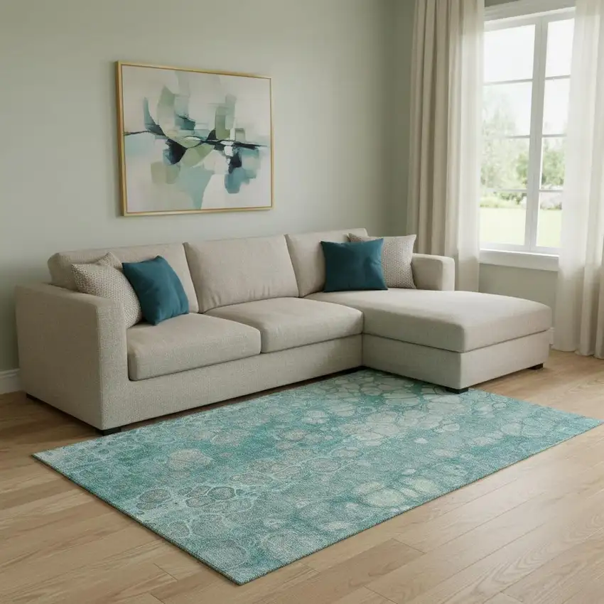 Aqua Gray And Silver Abstract Washable Area Rug With UV Protection Photo 2