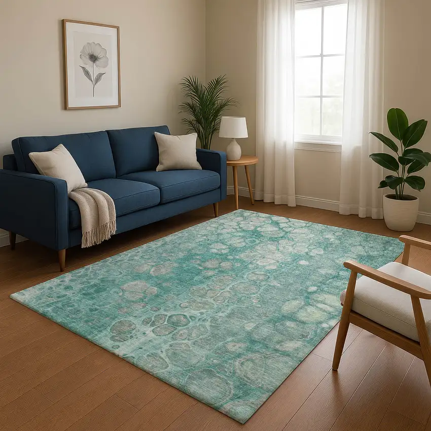 Aqua Gray And Silver Abstract Washable Area Rug With UV Protection Photo 5