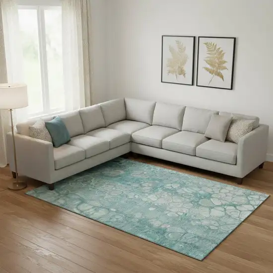 Aqua Gray And Silver Abstract Washable Area Rug With UV Protection Photo 2