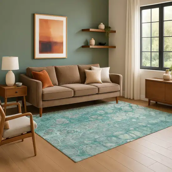 Aqua Gray And Silver Abstract Washable Area Rug With UV Protection Photo 6