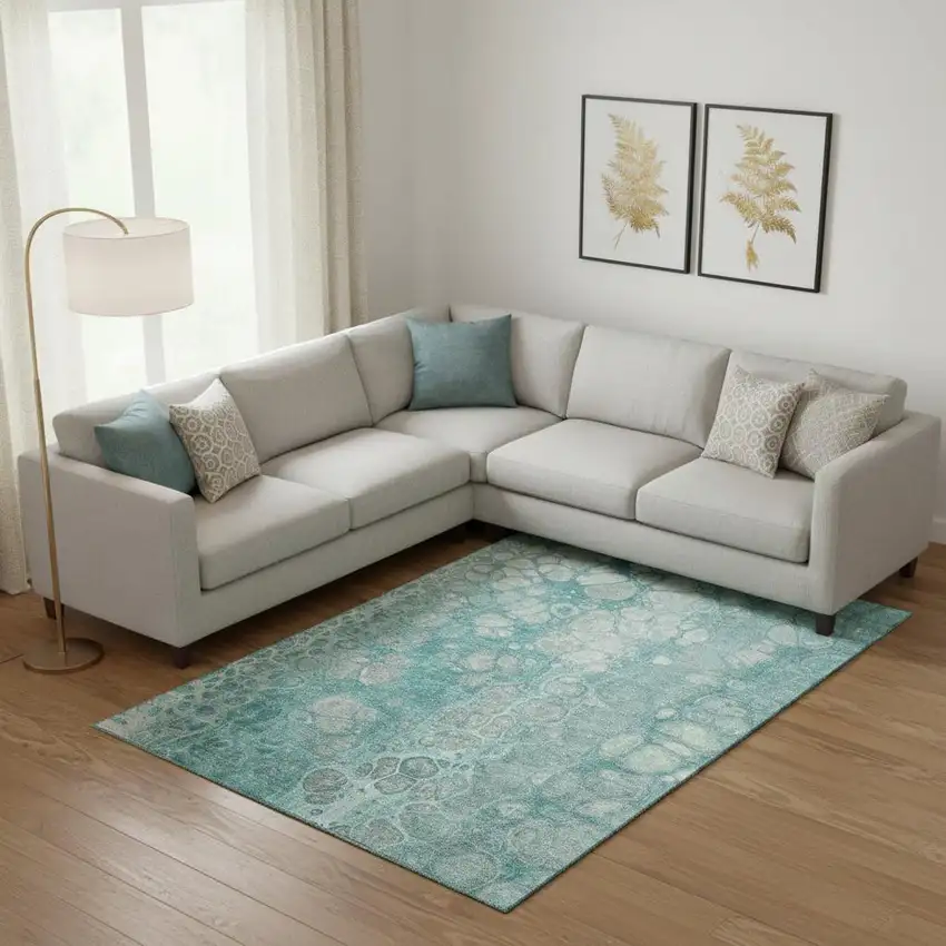 Aqua Gray And Silver Abstract Washable Area Rug With UV Protection Photo 2