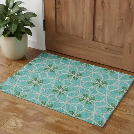 Aqua Green And Beige Geometric Washable Area Rug With UV Protection Photo 1