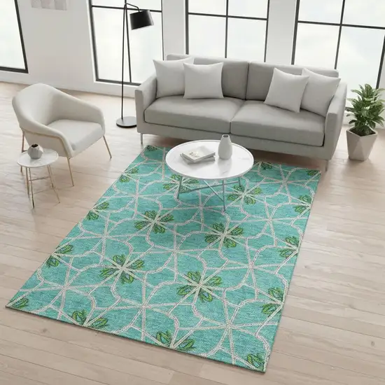 Aqua Green And Beige Geometric Washable Area Rug With UV Protection Photo 2