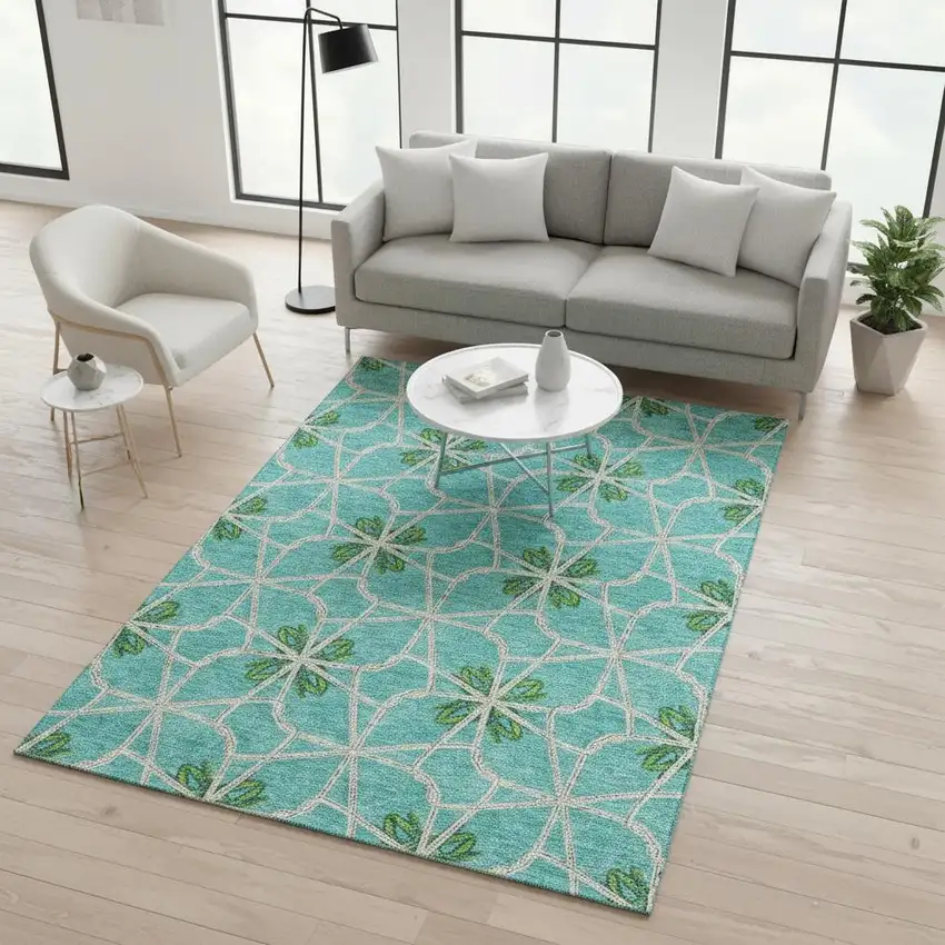 Aqua Green And Beige Geometric Washable Area Rug With UV Protection Photo 2