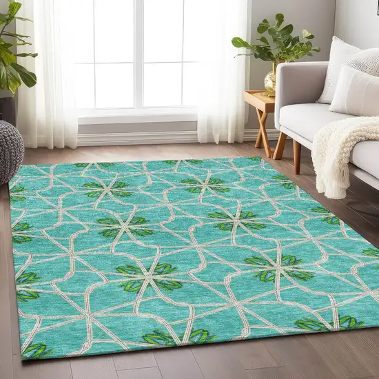 Aqua Green And Beige Geometric Washable Area Rug With UV Protection Photo 3