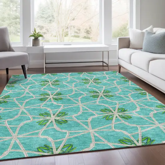 Aqua Green And Beige Geometric Washable Area Rug With UV Protection Photo 4
