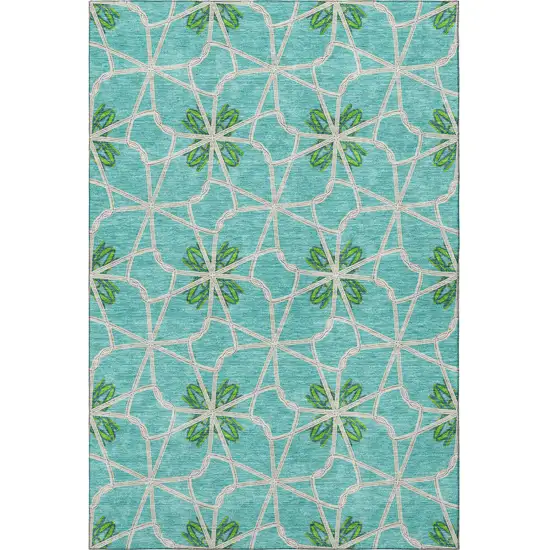 Aqua Green And Beige Geometric Washable Area Rug With UV Protection Photo 2